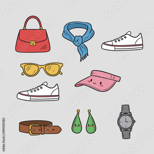 Fashion accessories and personal items collection icons including handbag, scarf, sneakers, sunglasses, sun visor, belt, earrings, and wristwatch