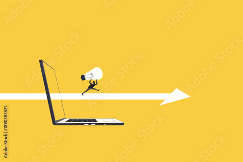 Businessman holding a glowing light bulb out from a computer screen. concept of creative digital innovation