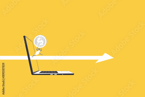 Business woman making money online. Freelancer works from home on laptop. Concepts of digital income, financial freedom, online business, passive income, success