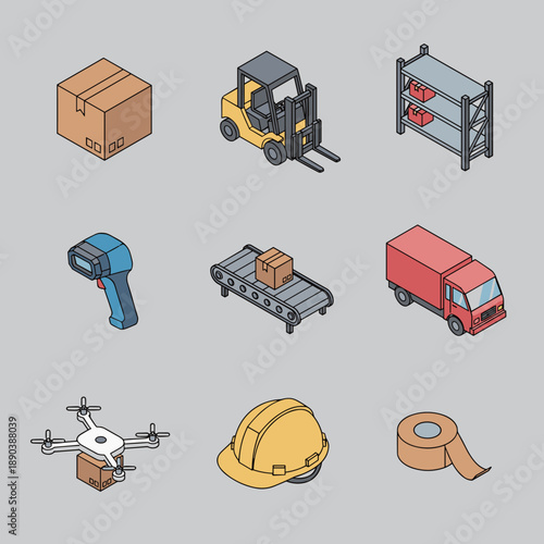 Isometric Logistics and Warehouse Operations Icon Set with Forklift Cargo Box Storage Rack Scanner Conveyor Belt Truck and Delivery Drone
