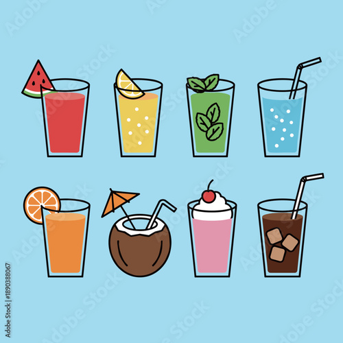 Collection of Colorful Fruit Juice and Summer Drink Icons Including Watermelon Lemon Mojito Soda Orange Coconut Milkshake and Iced Coffee
