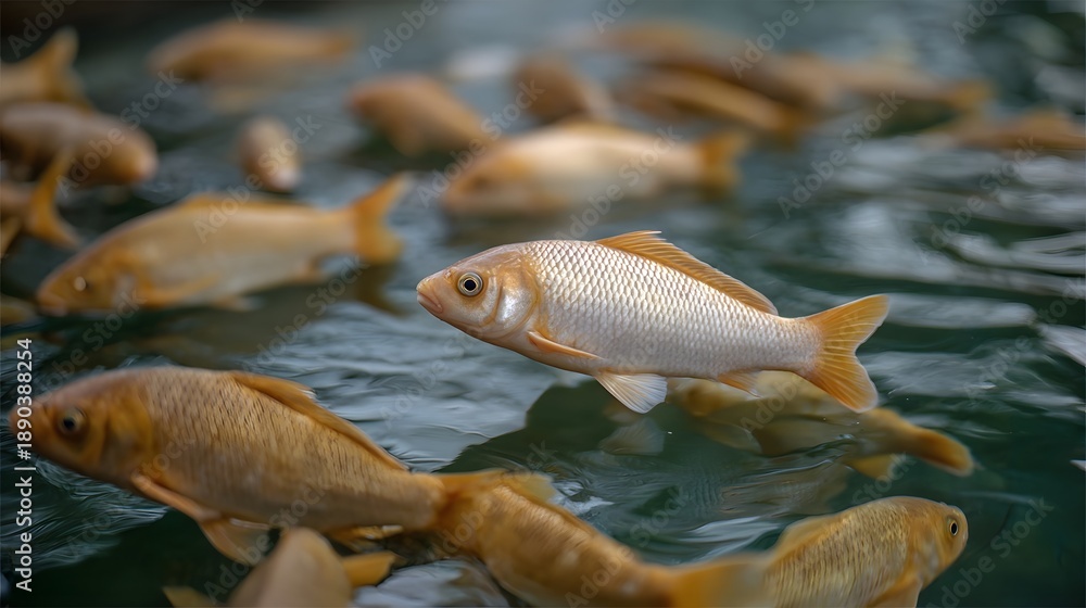 Obraz premium A school of golden fish swims in rippling water highlighting natural aquatic life and serene motion