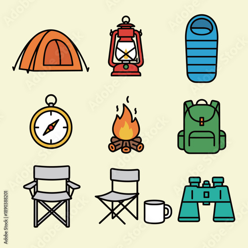 Outdoor Camping and Hiking Adventure Equipment Icon Set Featuring Tent Lantern Sleeping Bag Compass Campfire Backpack Chairs and Binoculars