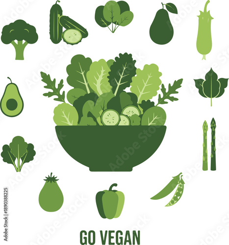Vegan lifestyle silhouette graphic with fresh green vegetables and fruits