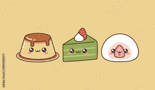 Sweet Kawaii Japanese Dessert Trio Featuring Caramel Custard Pudding Matcha Green Tea Cake Slice and Strawberry Mochi Daifuku with Cute Faces
