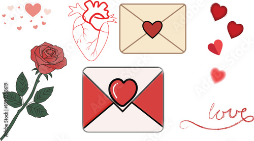 love icons set hearts rose envelope romantic valentine elements