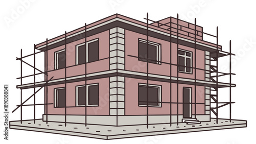 Construction site with metal scaffolding framing the exposed orange brickwork and concrete floors, under a clear blue sky backdrop.