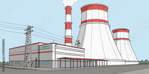 Three smokestacks emitting thick white smoke into a bright blue sky, underscoring the pollution and its harmful environmental effects.