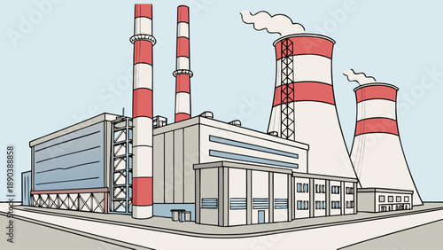 Three industrial chimneys emitting thick white smoke into the blue sky, symbolizing air pollution and environmental damage.