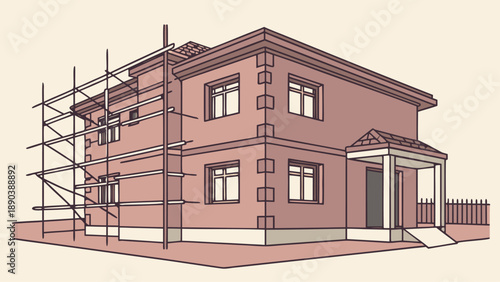Construction site with exposed orange brick wall, metal scaffolding, and concrete floors, complemented by a bright blue sky.