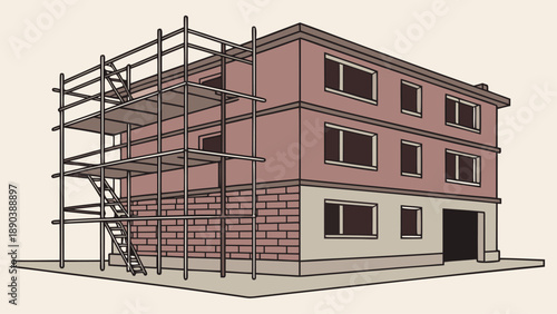 Industrial construction site featuring metal scaffolding, orange brickwork, and concrete floors, with a bright blue sky in the background.