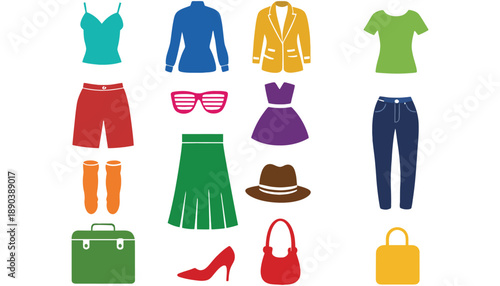 A colorful illustration of various fashion items and accessories arranged neatly