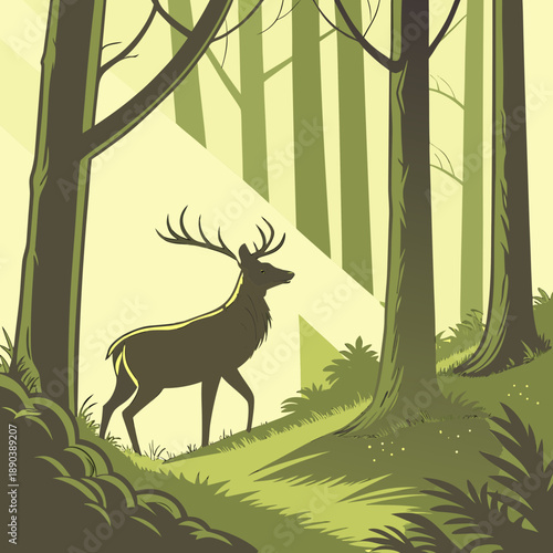 Deer with antlers standing in a forest with trees and foliage around.svg	Deer with antlers standing in a forest with trees and foliage around	Illustration of a deer with large antlers standing in a fo