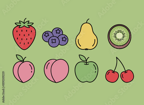 Minimalist Flat Fruit Vector Icon Set Featuring Strawberry Blueberry Pear Kiwi Peach Plum Apple and Cherry on Solid Green Background