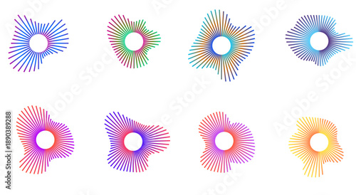 Podcast wave collection with neon gradient circular patterns, radial bursts and streaming podcast icons