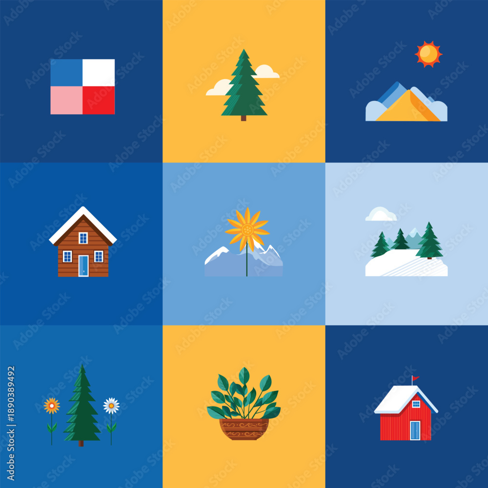Fototapeta premium Winter Landscape Icon Set with Cozy Cabins, Pine Trees, and Snowy Mountains.