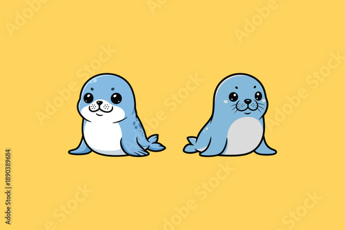 Adorable cartoon seals with smiling faces on yellow background.