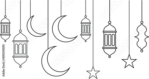 Black and white illustration of hanging lanterns and crescent moons for ramadan
