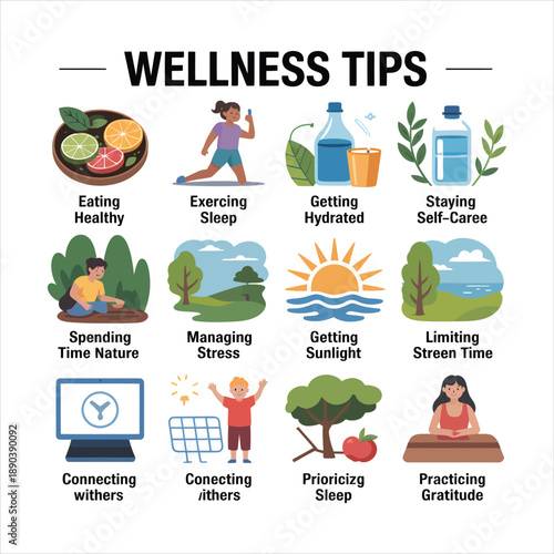 A comprehensive wellness tips infographic presents twelve valuable habits for maintaining a balanced and healthy life