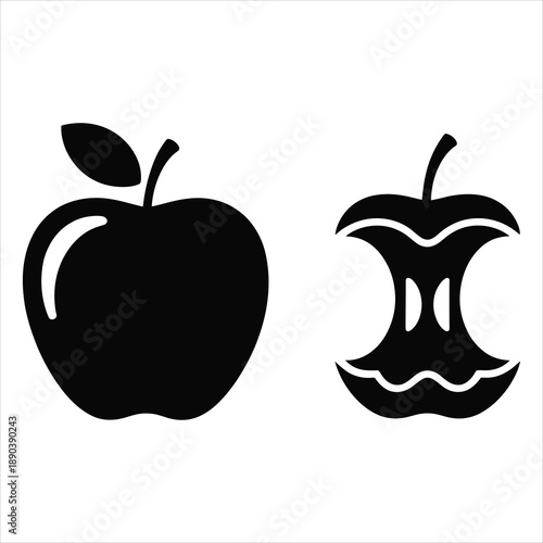 A crisp silhouette of a whole fresh apple next to a simple apple core