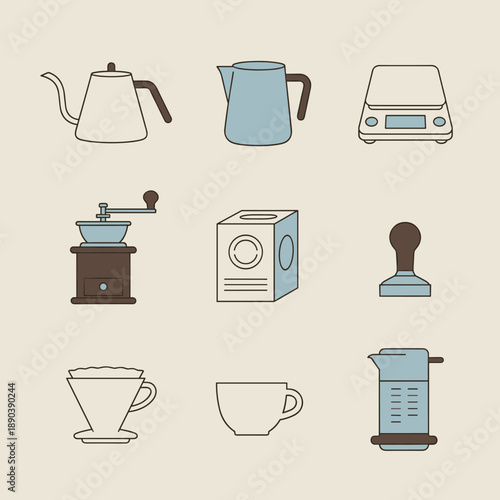 Professional Specialty Coffee Brewing Equipment Icon Set with Kettle Grinder Scale Tamper Dripper Cup and Coffee Bag in Muted Vintage Colors