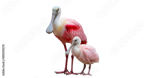 Adult roseate spoonbill stands beside its chick on a transparent background showing their shapes and colors clearly