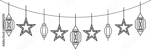 Black and white illustration of christmas ornaments on a string