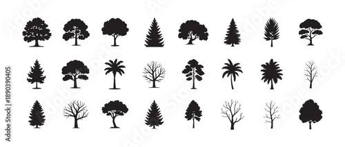 Detailed set of twenty four individual tree silhouettes showing diverse species like oak palm and spruce