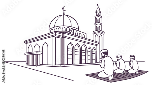 Men gathering at mosque for prayer during Ramadan, illustrating community and spirituality in a serene environment