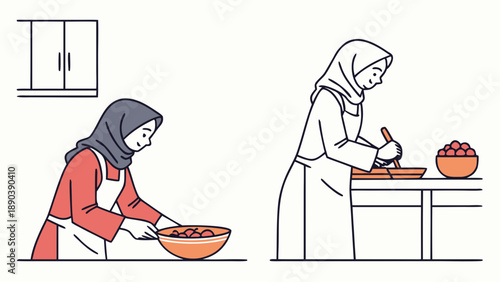 Women preparing traditional dishes during Ramadan in a kitchen, illustration of cultural heritage and culinary activities