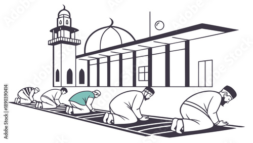 Men praying during Ramadan at a mosque with a minaret and dome, illustration
