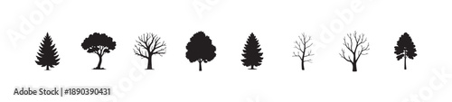 Group of nine distinct black tree pictograms showing varied foliage and bare branches for visual communication projects