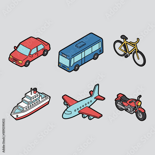Isometric transportation vehicle collection including car bus bicycle ship airplane and motorcycle icons for urban city traffic and travel logistics
