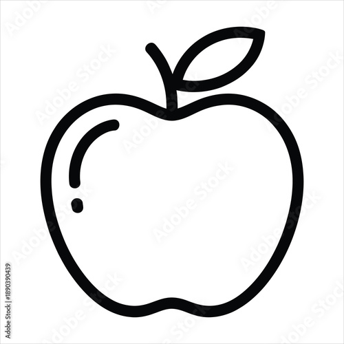 A minimalist outline drawing of a fresh apple with a stem, a leaf, and a highlight detail on the side