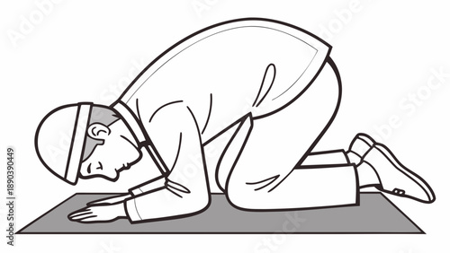 Man kneeling in prayer during Ramadan on a mat, serene atmosphere, peaceful illustration