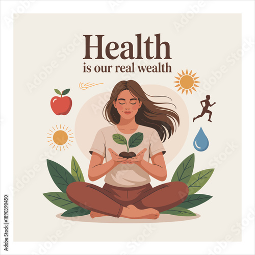 A peaceful woman nurturing a plant, surrounded by symbols of health and well being