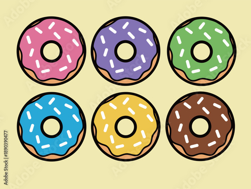 Assorted colorful donut icons set with various frosting flavors like strawberry grape lime blueberry lemon and chocolate with sprinkles on top