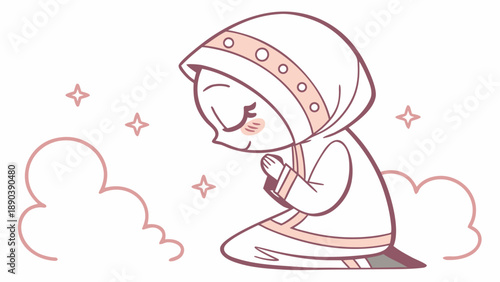 A serene illustration of a woman in prayer during Ramadan surrounded by clouds and stars