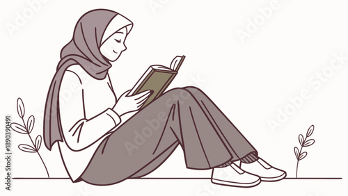 A woman in hijab reads a book during Ramadan, sitting relaxed with plants nearby