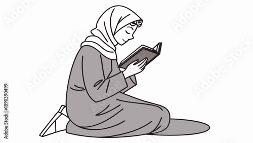 A woman in hijab kneeling in contemplation during Ramadan, reading from a book, serene surroundings illustrated in simple lines.