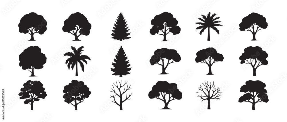 Fototapeta premium Large set of eighteen diverse black silhouette icons depicting various tree species including conifers palms and broadleaf forms