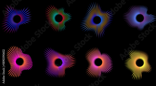 Abstract Colorful Spiral Radial Shapes on Dark Background Neon Gradient Spiral Circular Wave, Design Modern Abstract Radial Burst Pattern Set Colorful Geometric Spiral Energy Waves Futurist