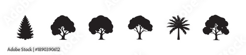 Six distinct black silhouette icons featuring different tree structures like conical broadleaf and palm shapes for visual needs