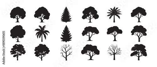 Large set of eighteen diverse black silhouette icons depicting various tree species including conifers palms and broadleaf forms