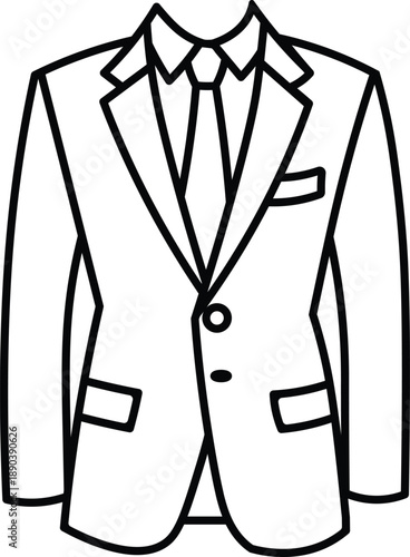 A black and white line drawing of a suit jacket and tie