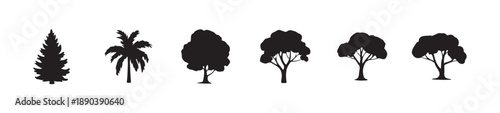 Six silhouette vector icons showcasing diverse tree forms including tall conifers rounded broadleaf and tropical palm variations