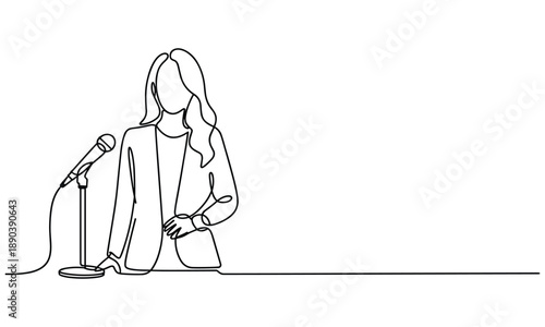 A woman speaking at a microphone with a continuous line drawing style