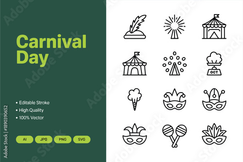 Green and white carnival day with tents, masks, and fireworks