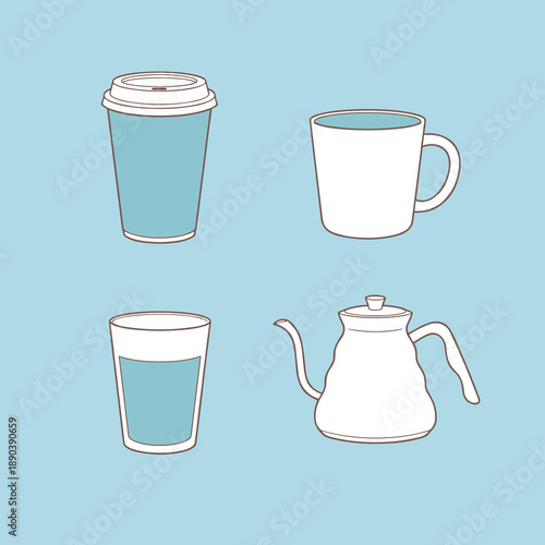 Coffee and tea drinkware icon set featuring paper cup ceramic mug glass and gooseneck kettle in clean minimalist blue and white outline design