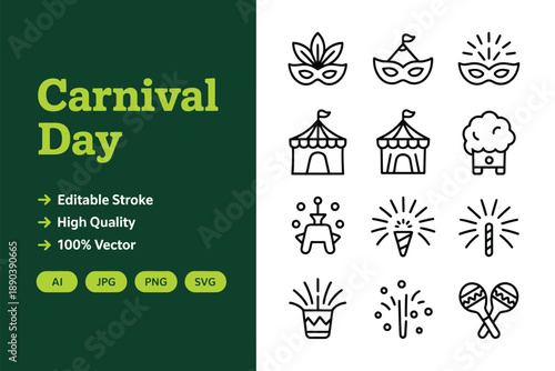 Carnival Day on Green Background with Yellow Text and Buttons